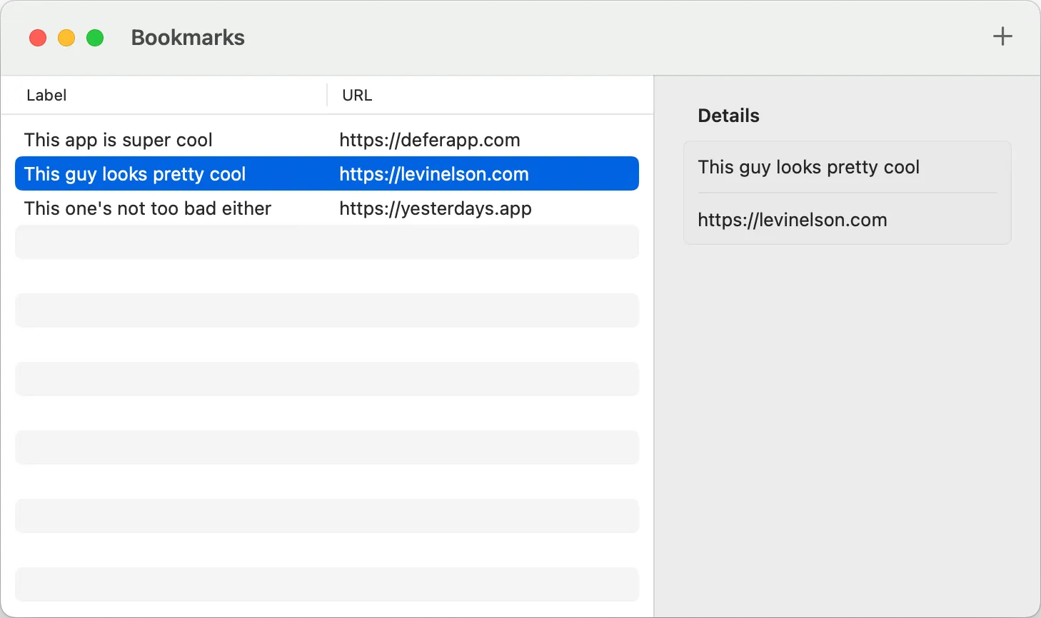 Screenshot of bookmarks prototype app.