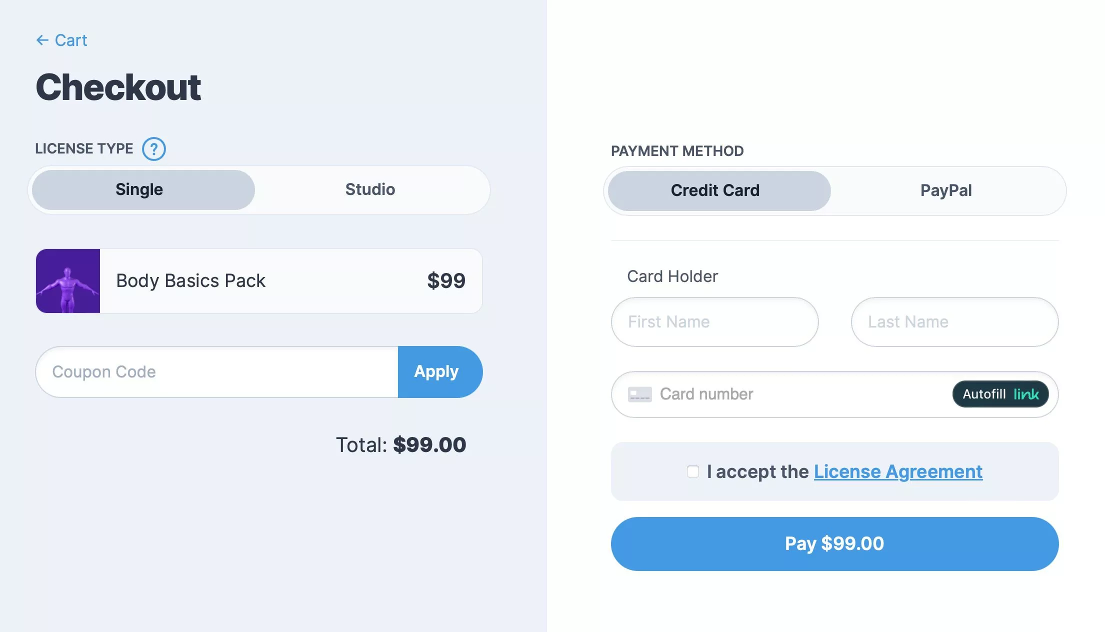 A custom checkout page, integrated with Craft Commerce, Stripe and PayPal